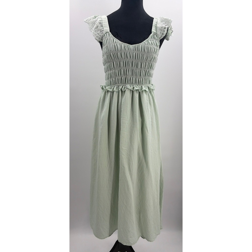 By The River Mint Green Smocked Eyelet Flutter Sleeve Midi Dress B2SD1017 Small